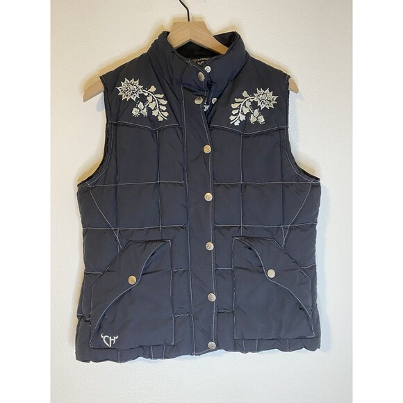 Cowgirl Hardware Jackets & Blazers - Cowgirl Hardware Embellished Puffer Vest Floral Embroidery Rhinestones Blk  Sz L